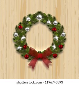 A green branch ate in the shape of a Christmas wreath with a shadow. Silver and red balls, red bow on the background of natural wood. Vector illustration