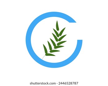 green branch in a blue semicircle on a white background,