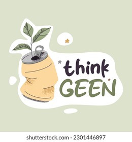 Rama verde en lata de aluminio machacada. Ilustración vectorial aislada en fondo gris. Plantilla de sticker de ecología y sostenibilidad. Protección del medio ambiente, agenda verde, concepto de salvar la Tierra.