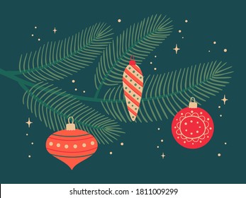 Green Branch of fir with colorful toys on dark background.  Beautiful decorations are hanging on the Christmas tree. Vector illustration in flat cartoon style.