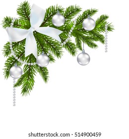 Green branch of fir with silver balls and ribbon on a white background. Corner. Christmas decorations. Vector illustration