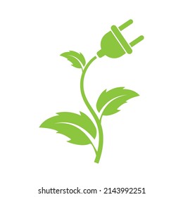 A green branch with leaves and an electric plug. An icon of green natural and ecological energy.