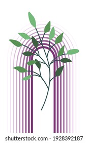 Green branch with leaves in front of a boho style rainbow on white background vector illustration EPS10