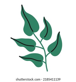 Green branch with leaves on a light background. Flat design, hand drawn cartoon, vector illustration.