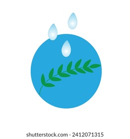 green branch on a blue background, water droplets, flat vector illustration