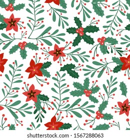 Green branch - Seamless pattern with christmas flower, omela, leaf