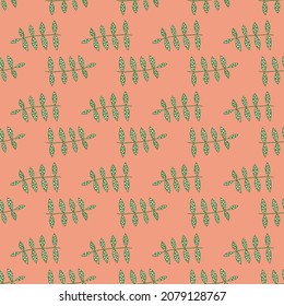Green branch seamless pattern on orange background. Abstract floral ornament. Simple botanical backdrop. Design for fabric , textile print, surface, wrapping, cover. Vector illustration.