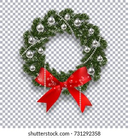 A green branch of spruce in the form of a Christmas wreath with shadow and snowflakes. Red bow, silver balls and beads on the background checkers. Vector illustration