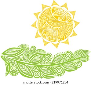 Green branch and sun nature pattern vector illustration