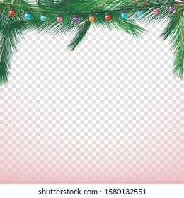 Green branches of a Christmas tree with a garland on a transparent background. Vector.