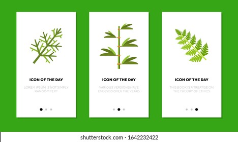 Green branches flat icon set. Fern leaf, bamboo, tree isolated sign pack. Botany, nature, ecology, environment concept. Vector illustration symbol elements for web design