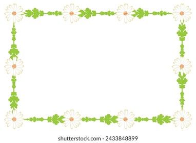 Green branches and flowers frame on white background, vector illustration