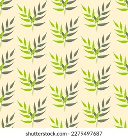 Ramas verdes con hojas sobre fondo de marfil. Patrón floral sin fisuras. Mejor para textiles, papel pintado, papel de envoltura, paquete y decoración doméstica.