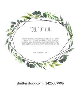 Green branches leaves foliage, border, frame. Floral poster, invite.