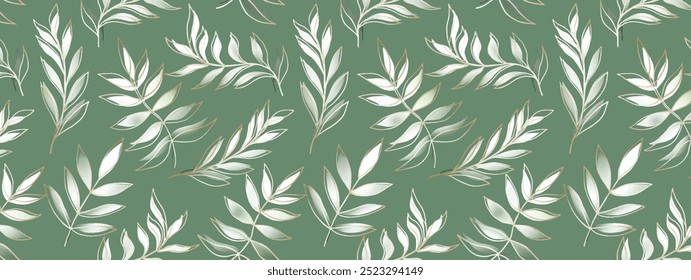 Green branches with leaves. Hand drawn watercolor seamless pattern of Twigs. Summer floral background for wedding design, textiles, wrapping paper, scrapbooking