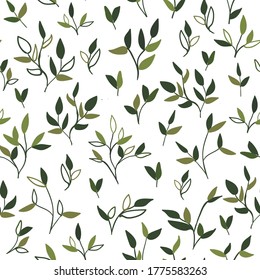 Green branches and leaves, handmade vector illustration seamless pattern