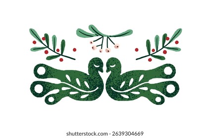 Green branches of mistletoe with silhouettes of kissing birds. Holly berries with leaves. Traditional Christmas decoration, cozy Xmas decor. Flat isolated vector illustration on white background