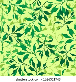 Green branches on yellow-green background. Seamless floral pattern. Vector graphics.