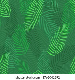 Green branches of a palm tree. Rainforest. Tropical plant. Seamless pattern. Vector illustration.