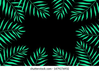 Green branches palm trees on a black background. Frame vector.