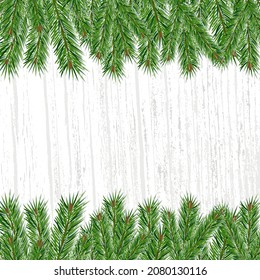 Ramas verdes de abeto o pino sobre fondo gris. Fondo festivo vectorial con espacio para texto. Antecedentes de Navidad y Año Nuevo.