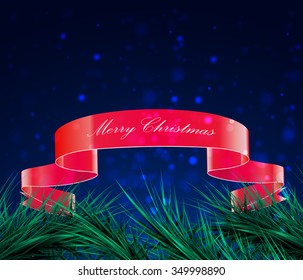 green branches of spruce and ribbon on a blue background, vector