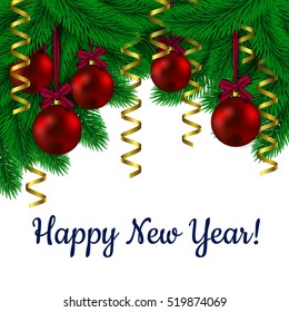 Green branches of trees with hanging red confetti and toys round. Happy new year. greeting card with Christmas decor fir twigs and confetti, vector illustration.