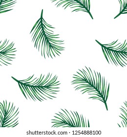 Green branches of tropical palm tree on white pattern background. Branches green palm tree, exotic plants in tropical rainforest. Seamless pattern leaves and foliage. Jungle flora and nature