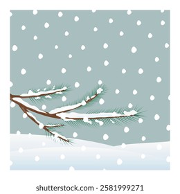 Green branches under falling snow.Vector illustration.