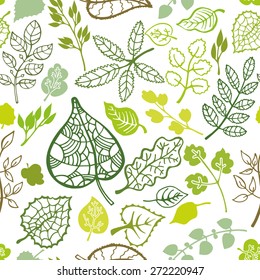 Green branches,leaves seamless pattern,ornament.Isolated leaf silhouette.Outline Vector illustration.Stylized spring,summer decor,background,backdrop,fabric,wallpaper