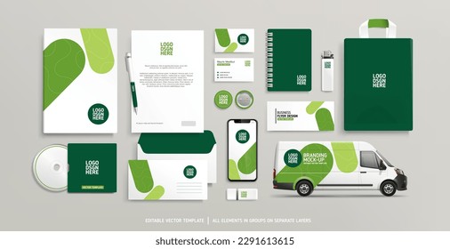 Identidad de marca verde Modelo de papel. Identidad corporativa Concepto de plantilla de maqueta estacionaria. de documentos comerciales. Marca de la compañía Van. Elementos de promoción de publicidad