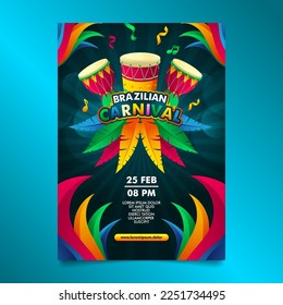 Green Brazilian carnival Flyer with colorful Samba Batucada Drum and feather design