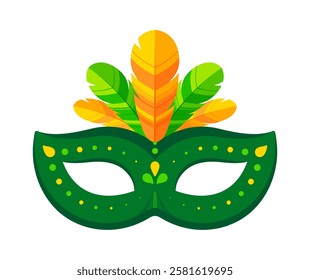 Green Brazilian carnival mask with colorful feathers and festive decorative elements. Mardi Gras, festival, party, celebration, costume concept. Flat vector illustration isolated on white background