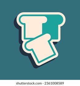 Green Bread toast for sandwich piece of roasted crouton icon isolated on green background. Lunch, dinner, breakfast snack. Long shadow style. Vector