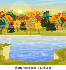 A green break above a river or a lake, an autumn forest on the shore. The sky with the sun and clouds. Vector landscape.