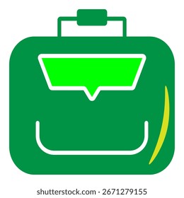 Icono de maletín verde con asa que representa el trabajo de oficina, la carrera comercial y el equipo profesional.