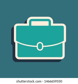 Green Briefcase icon isolated on blue background. Business case sign. Business portfolio. Long shadow style. Vector Illustration