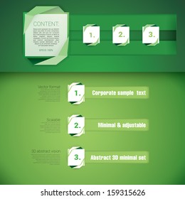 Green bright  edition of a scalable  abstract geometric minimal simple menu  composition brochure elements set for web, print or for universal use with rectangles, paper art origami ornaments 