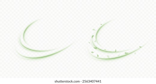 Green bright flow with flying tea and mint leaves. Green swirl on white background. Design for cooling drinks, organic substances, medicine, cosmetics, pharmaceuticals. Vector