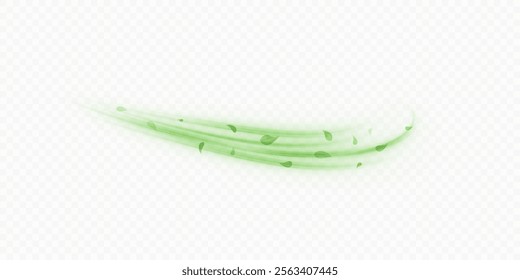 Green bright flow with flying tea and mint leaves. Green swirl on white background. Design for cooling drinks, organic substances, medicine, cosmetics, pharmaceuticals. Vector