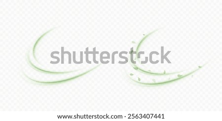 Green bright flow with flying tea and mint leaves. Green swirl on white background. Design for cooling drinks, organic substances, medicine, cosmetics, pharmaceuticals. Vector