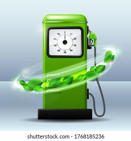 Green Bright Gas Station Pump With Fuel Nozzle Of Petrol Pump. Realistic Vector Illustration. Biofuel Concept