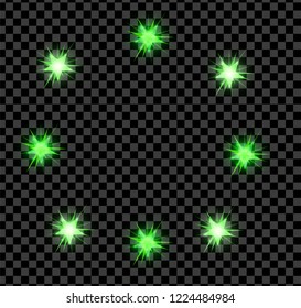 Green bright glowing and shining star flares effect isolated on transparent background. Vector illustration