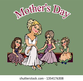 green bright multi colored hand drawn illustration. a happy family. mother and daughters. funny cartoon amazing comic humorous characters. postcard with the inscription Mother's Day.