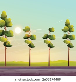 Uma cena natural verde e brilhante com árvores, jardins, luz solar e céu