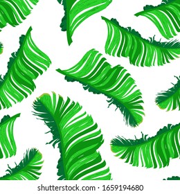 Green bright palm twigs. Separate tropical leaves arranged randomly on a white background. Seamless pattern for different surfaces.