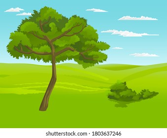 Green bright tree with a lush crown, thick brown trunk and branches in a natural landscape. Illustration of big plant with foliage round shape, landscape with green meadow, bushes and blue cloudy sky