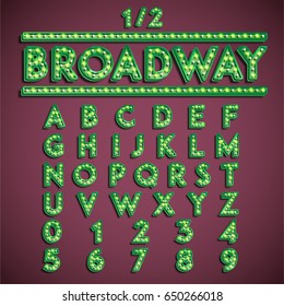 Green 'Broadway' font with lamps turned on, vector illustration