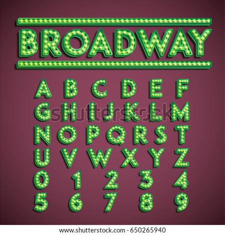 Green 'Broadway' font with lamps turned on, vector illustration