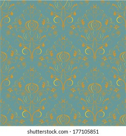 Green brocade with a delicate gold pattern on the green background 